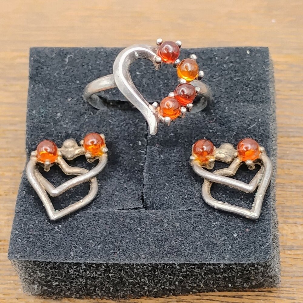 Heart-Shaped Sterling Silver & Baltic Amber Earrings & Ring Set Size 7 3/4 7.75